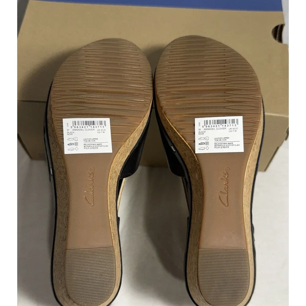 NEW NIB CLARKS Annadel Clover Wedge Sandal Size 7 WIDE Black Leather Shoes Women